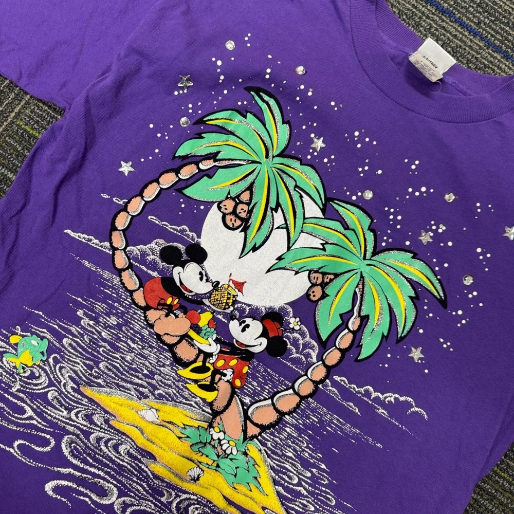 Disney Store Mickey Minnie Mouse Tropical Palm Tree Graphic TShirt Purple Womens